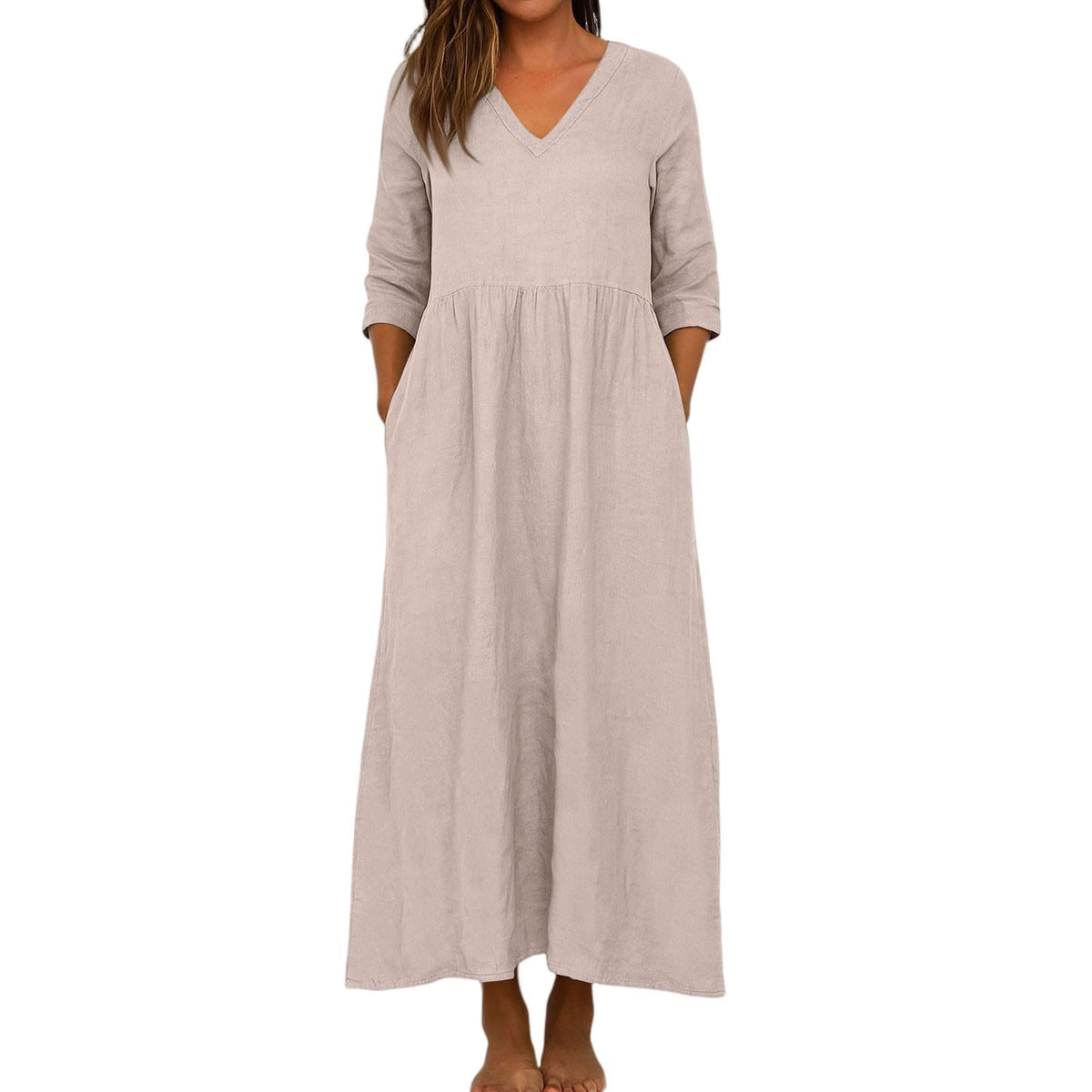 Women's Cotton Linen V-Neck Pocket Maxi Dress