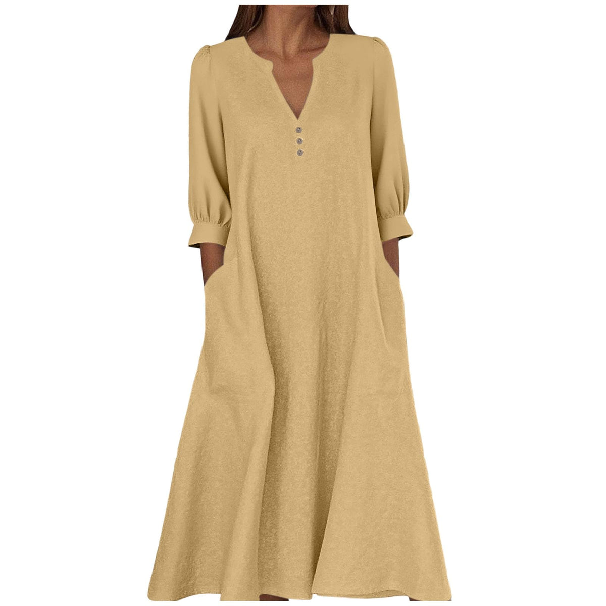 Women's Cotton Linen V-Neck 3/4 Sleeve Pocket Maxi Dress