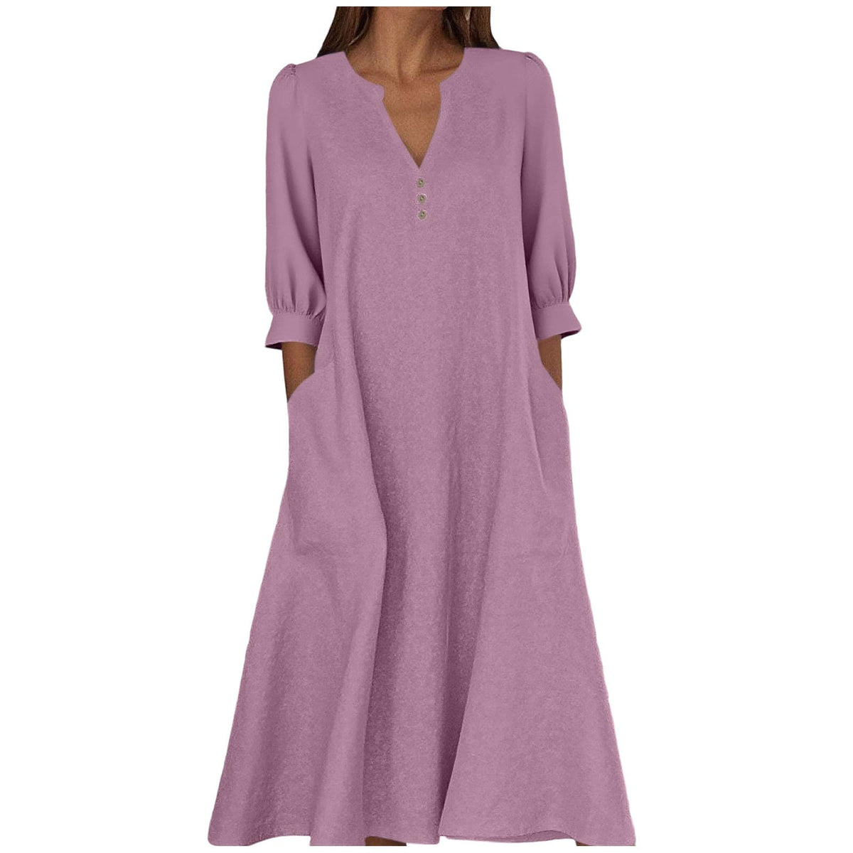 Women's Cotton Linen V-Neck 3/4 Sleeve Pocket Maxi Dress