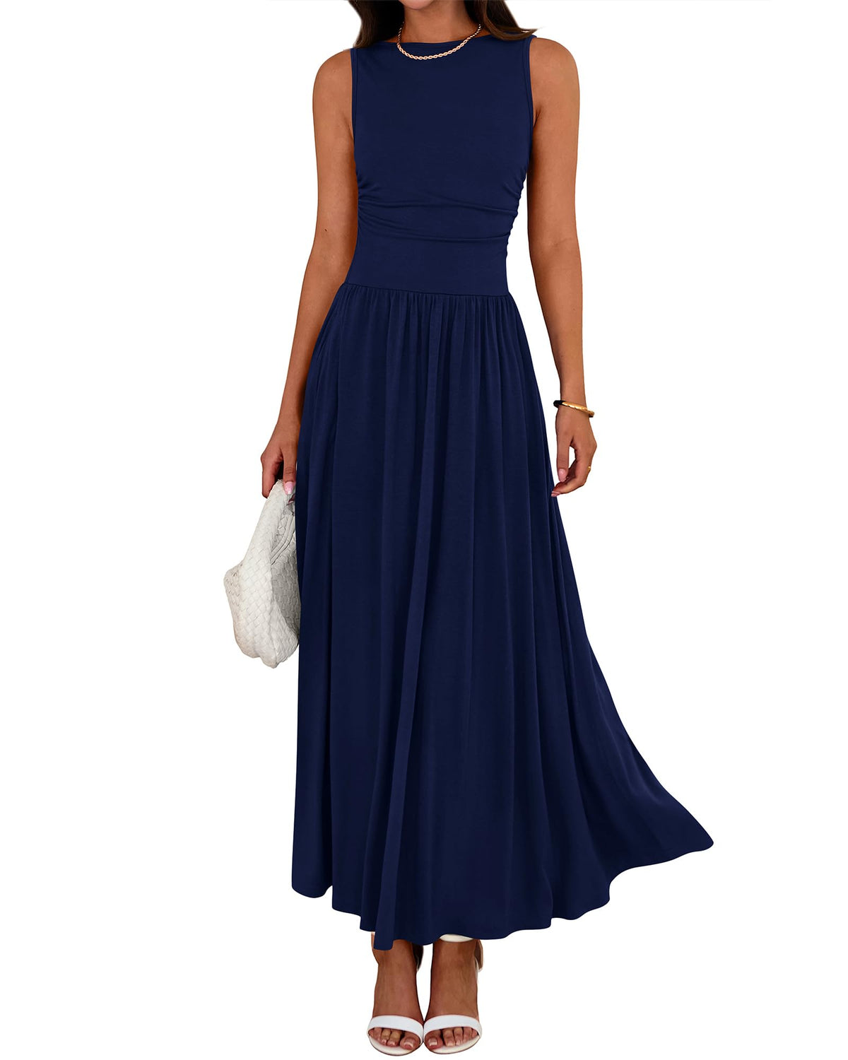 Limited time sale🔥Women's Solid Color Sleeveless Waist Pleated Design Dress with Pockets