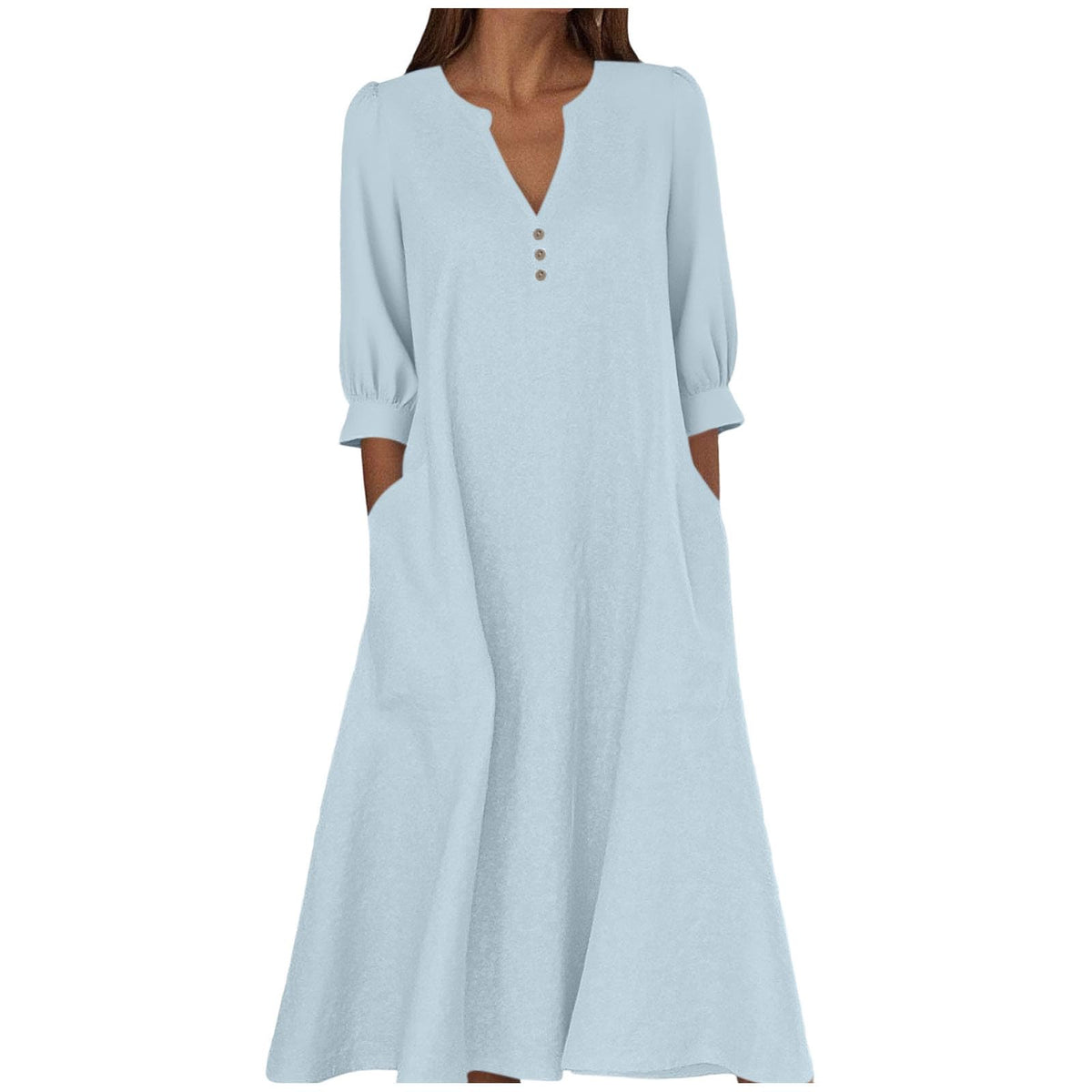 Women's Cotton Linen V-Neck 3/4 Sleeve Pocket Maxi Dress