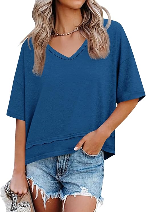 Limited time sale🔥Women's V-neck Mid-length Sleeve Spliced Hem Basic Top