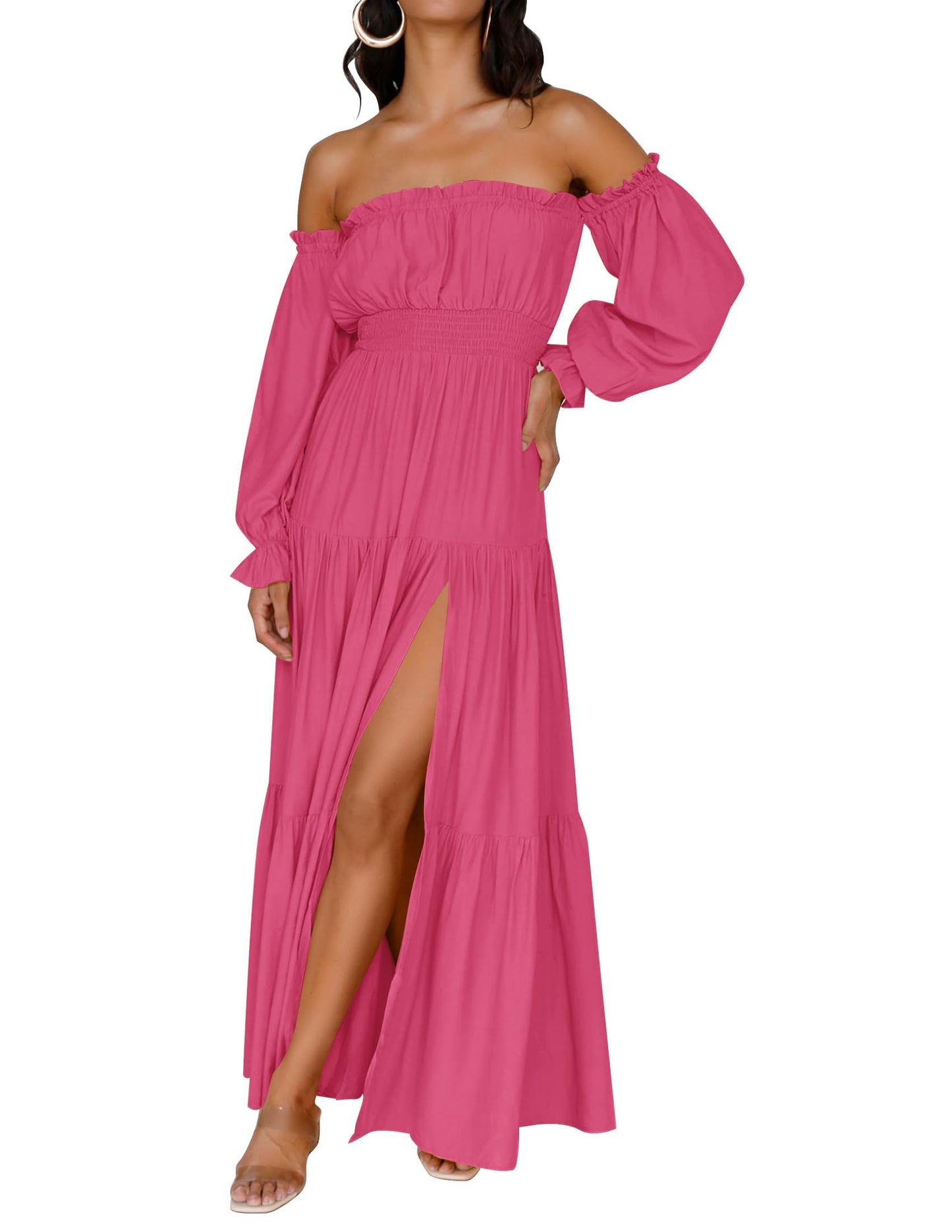 Women's Boho Off Shoulder Long Sleeve Side Split Flowy A Line Long Maxi Dress