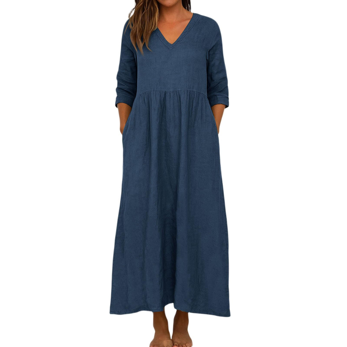 Women's Cotton Linen V-Neck Pocket Maxi Dress