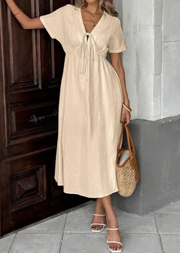 Limited time sale🔥Women's V-Neck Tie Waist Short Sleeve Midi Dress with Pockets