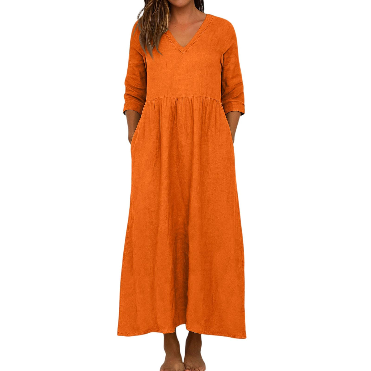 Women's Cotton Linen V-Neck Pocket Maxi Dress