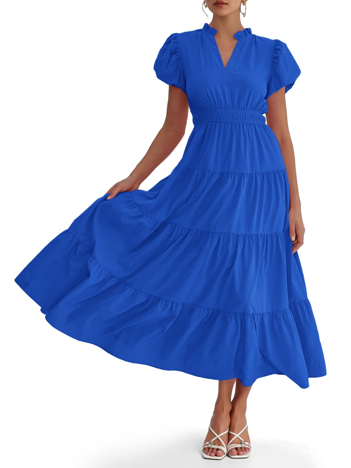 Limited time sale🔥Puff Short Sleeve V Neck Flowy Tiered Beach A-Line Dresses