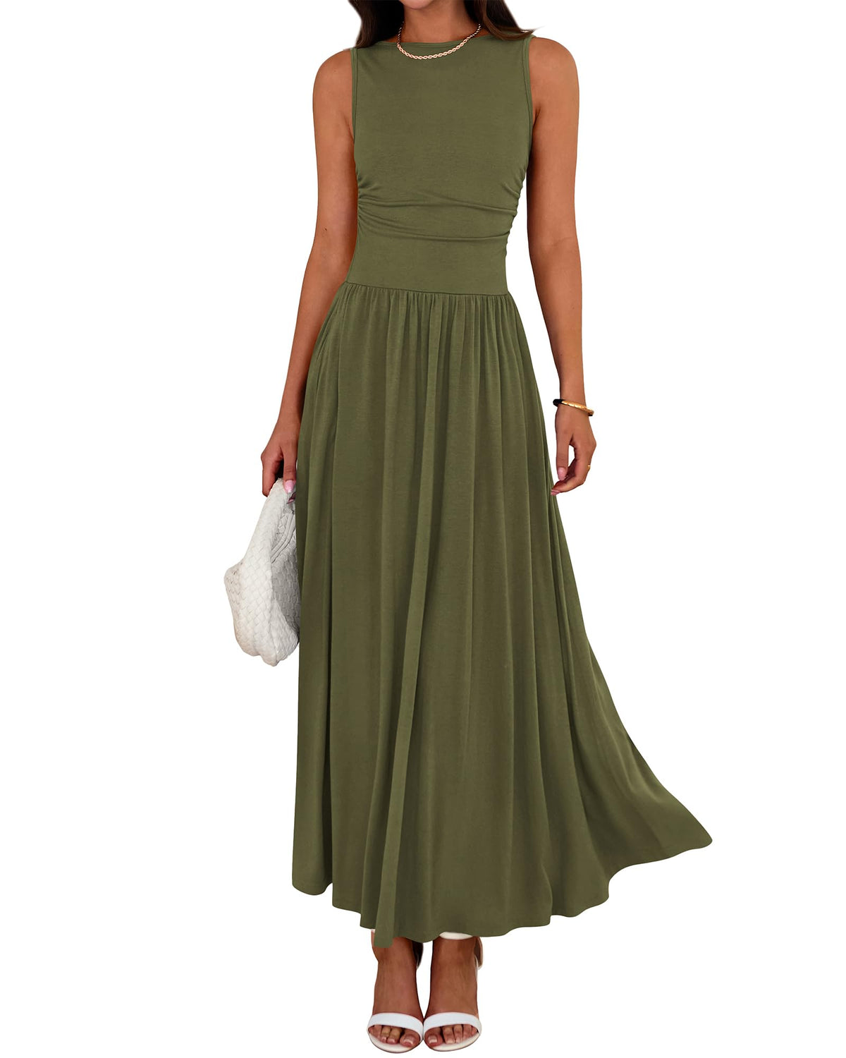 Limited time sale🔥Women's Solid Color Sleeveless Waist Pleated Design Dress with Pockets