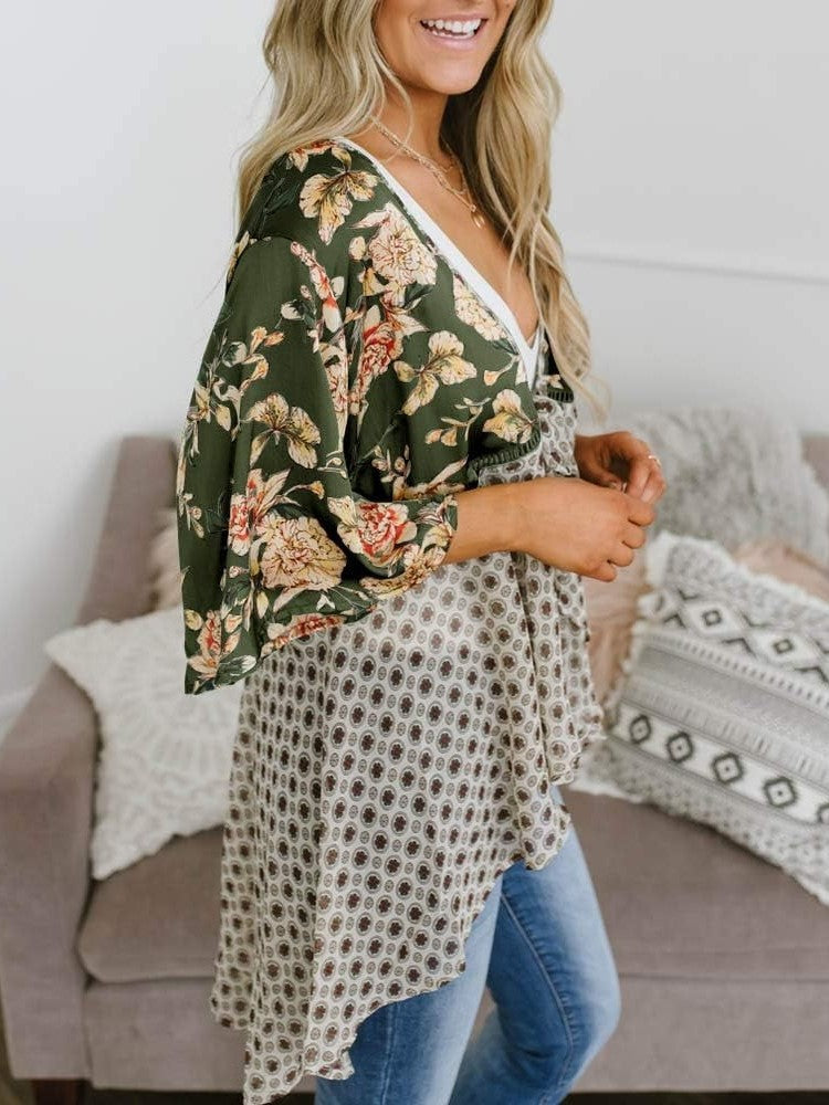 Women's Floral Kimono Ruffle Sleeve Tie Cardigans Flowy Boho Loose Cover Ups