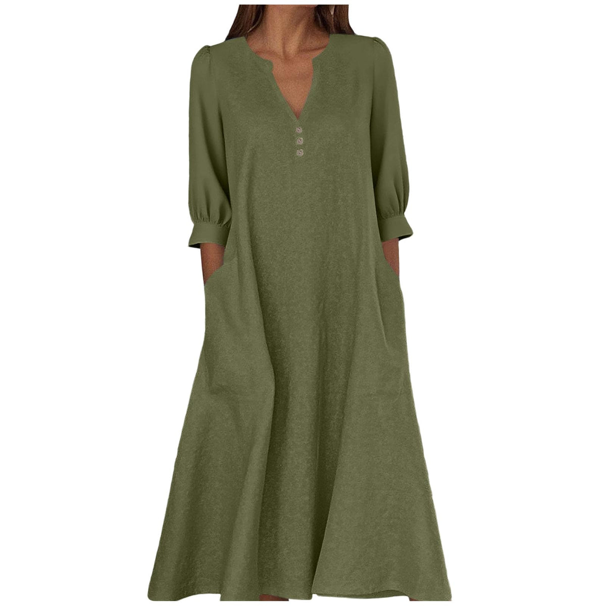 Women's Cotton Linen V-Neck 3/4 Sleeve Pocket Maxi Dress