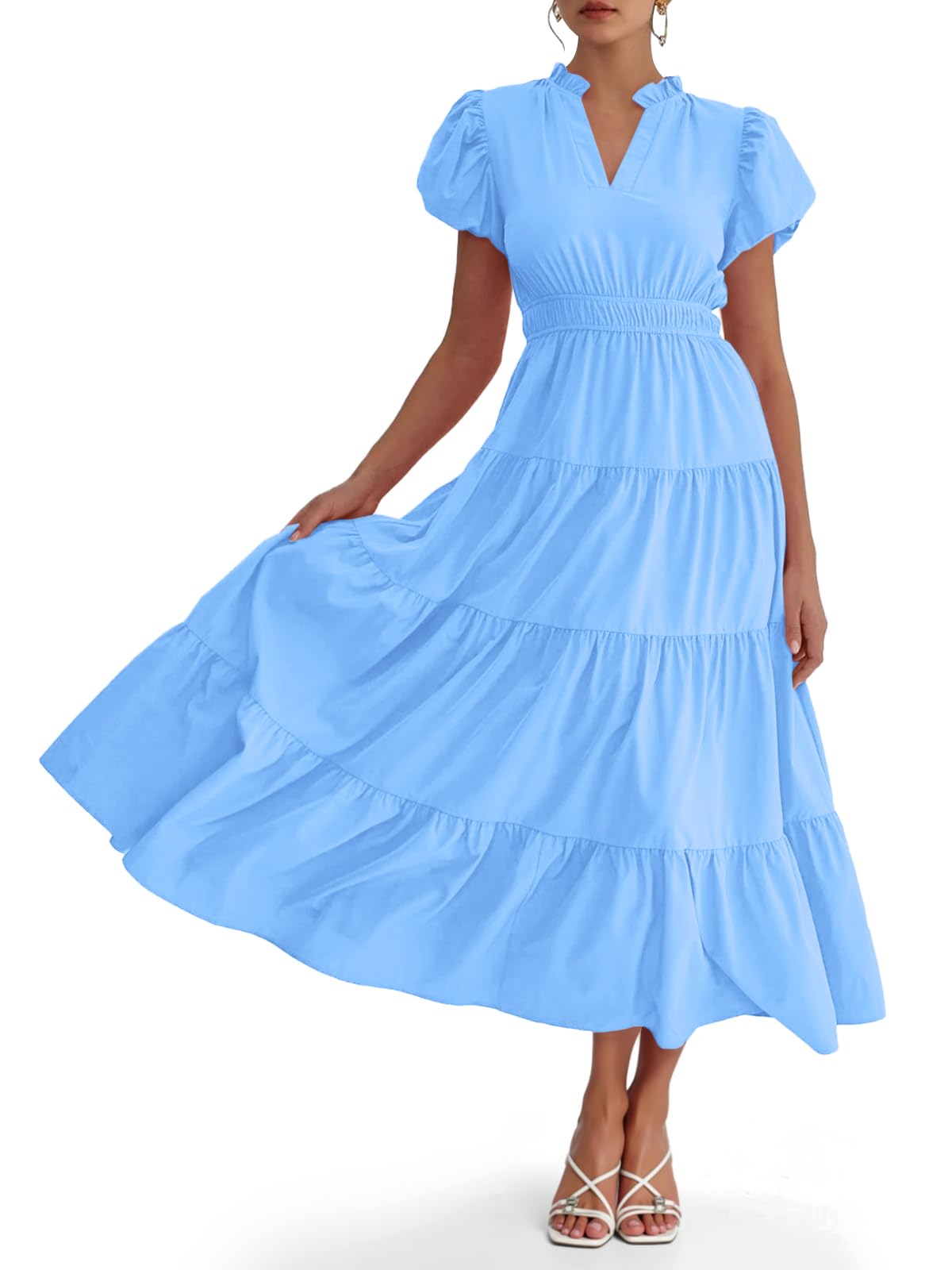 Limited time sale🔥Puff Short Sleeve V Neck Flowy Tiered Beach A-Line Dresses