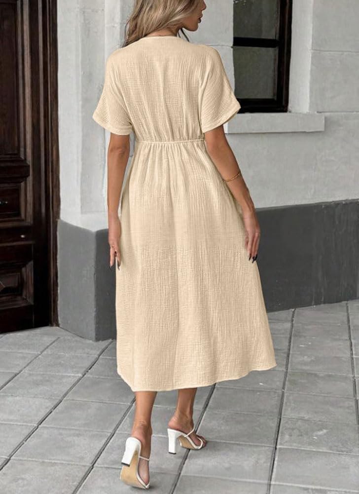 Limited time sale🔥Women's V-Neck Tie Waist Short Sleeve Midi Dress with Pockets
