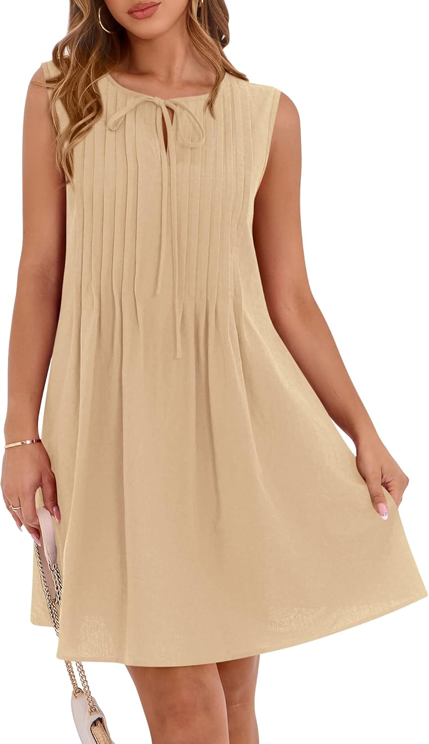 ✨2025 Sleeveless Cute Bow Tie Front Loose Pleated Dresses