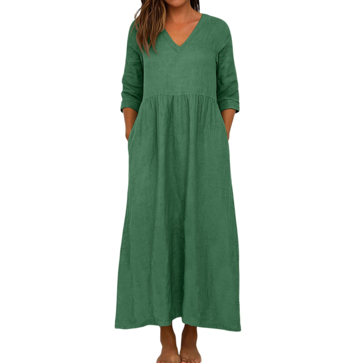 Women's Cotton Linen V-Neck Pocket Maxi Dress