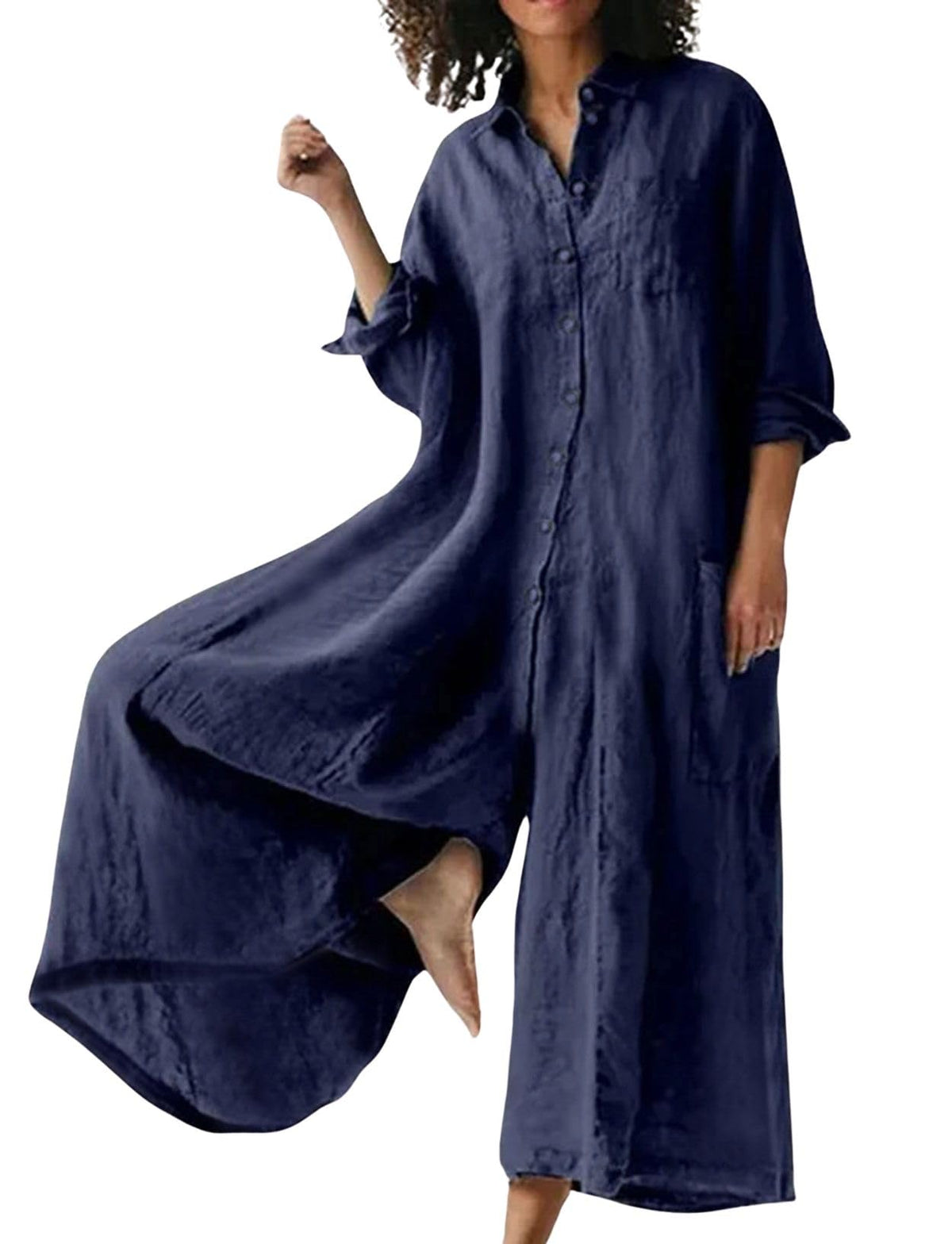 Women's Linen Button Down Long Sleeve Wide Leg Jumpsuit