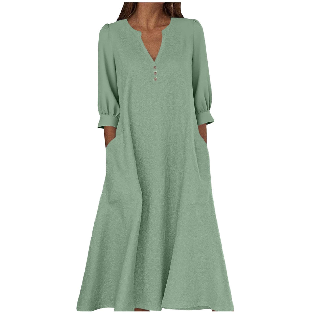 Women's Cotton Linen V-Neck 3/4 Sleeve Pocket Maxi Dress