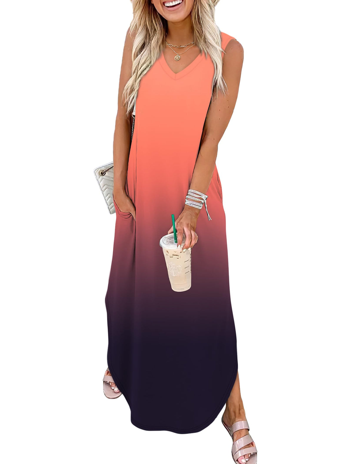 Limited time sale🔥Women's Boho Print V Neck Split Tank Long Dress with Pockets