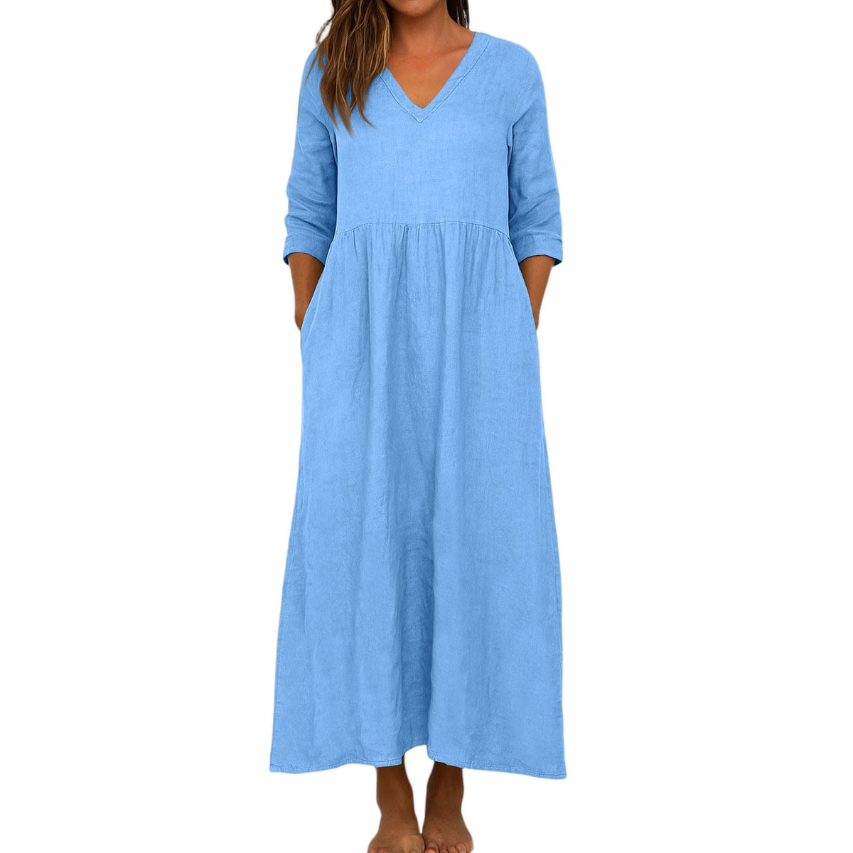 Women's Cotton Linen V-Neck Pocket Maxi Dress