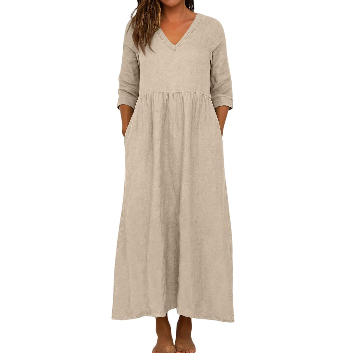 Women's Cotton Linen V-Neck Pocket Maxi Dress