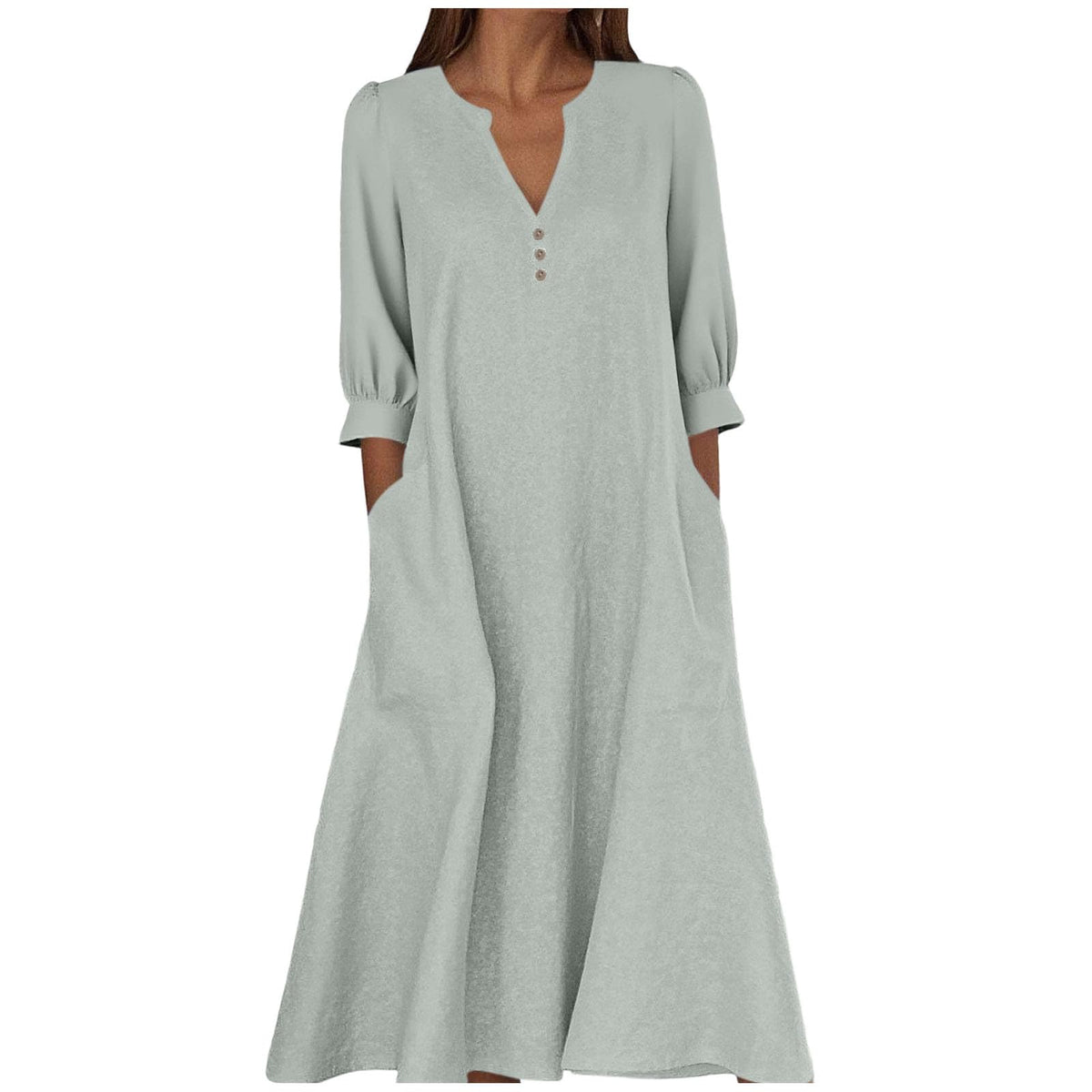Women's Cotton Linen V-Neck 3/4 Sleeve Pocket Maxi Dress