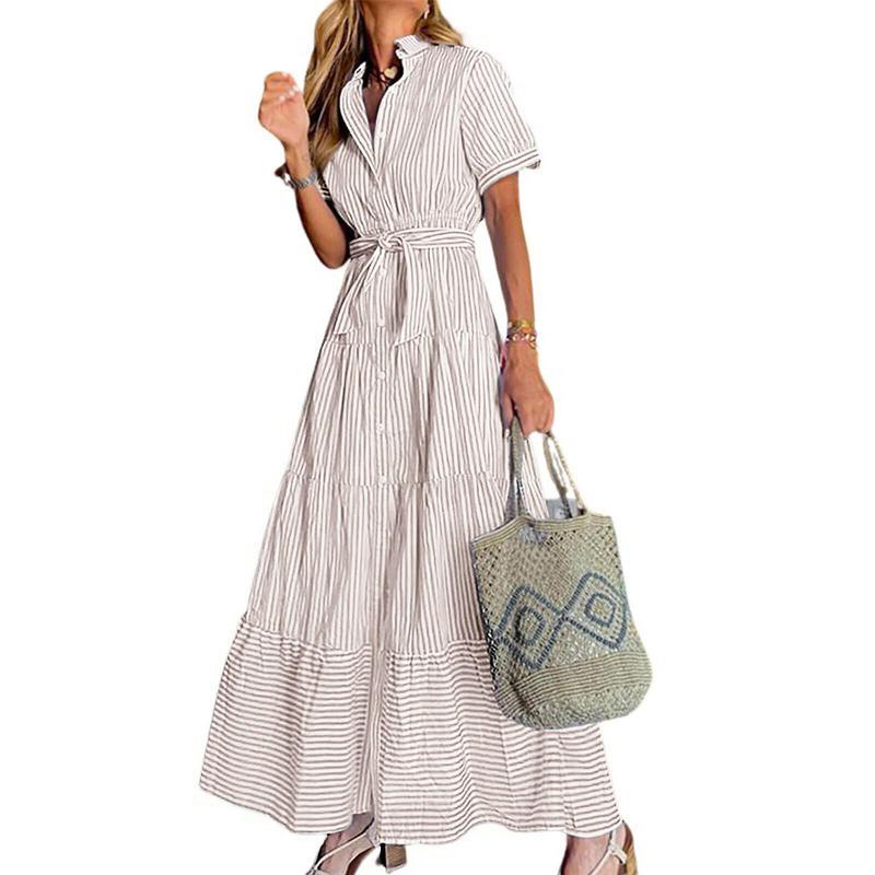 Limited time sale🔥Women Button Down Striped Dress Lapel Collar Short Sleeve Dresses