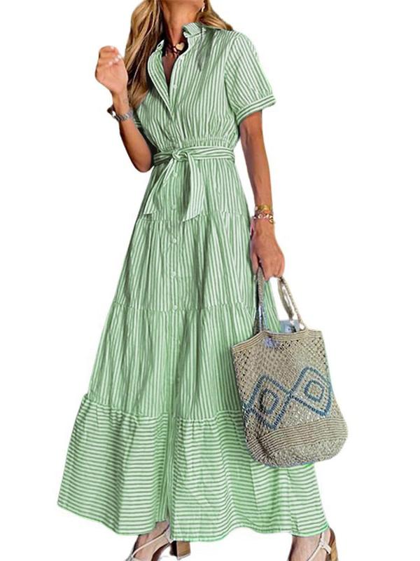 Limited time sale🔥Women Button Down Striped Dress Lapel Collar Short Sleeve Dresses