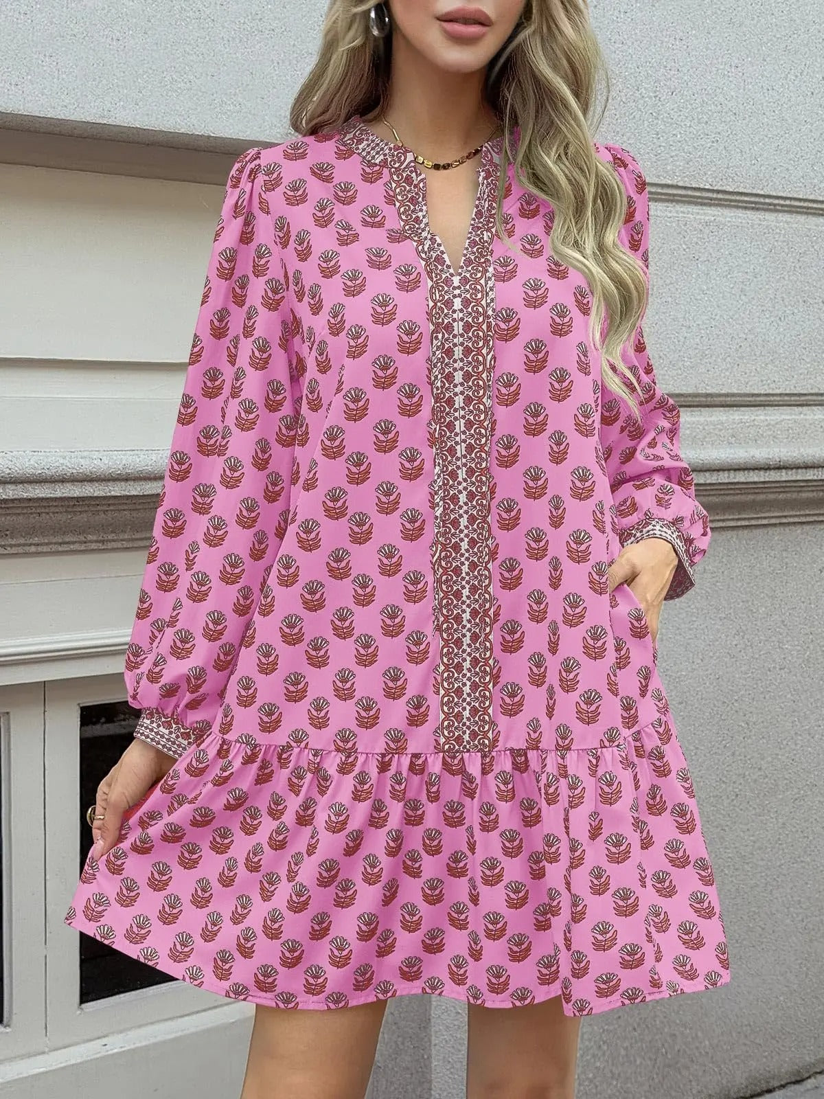 Floral V Neck Babydoll Dress with Pockets