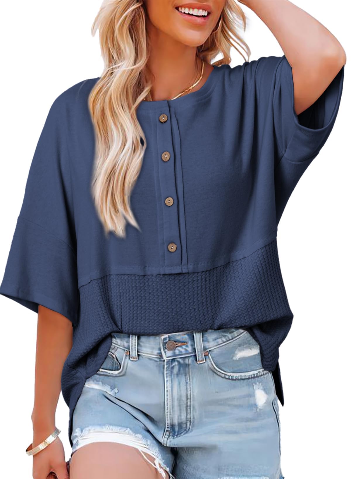 Limited time sale🔥Women's 3/4 Sleeve Casual Button Down Waffle Knit Tops