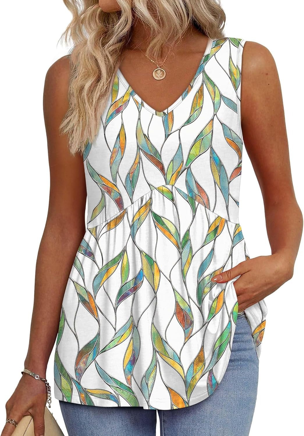 Limited time sale🔥Women's Print Flowy Sleeveless V Neck Peplum Tank Tops