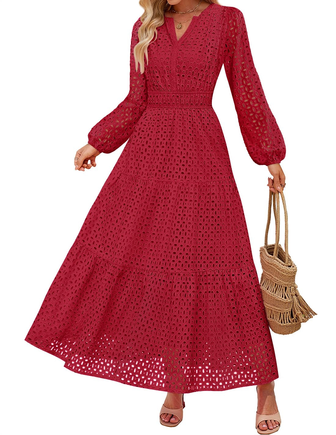 Women's 2026 V Neck Hollow Out Eyelet A Line Long Flowy Dresses