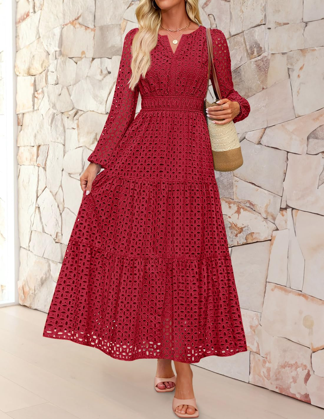 Women's 2026 V Neck Hollow Out Eyelet A Line Long Flowy Dresses