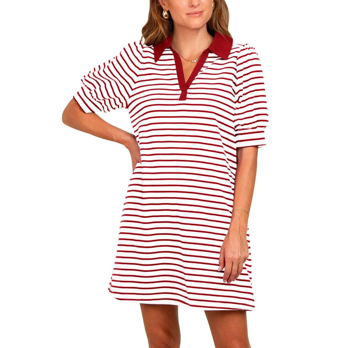 Limited time sale🔥Women's Casual Polo V Neck T Shirt Striped Dress