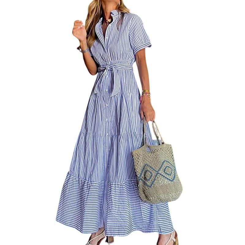 Limited time sale🔥Women Button Down Striped Dress Lapel Collar Short Sleeve Dresses