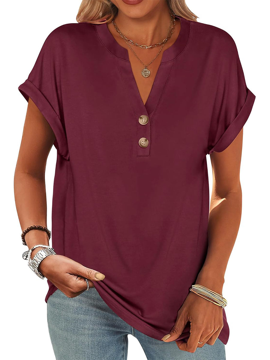 Limited time sale🔥Women's V Neck Button Casual Loose Fit Short Sleeve Henley Tops