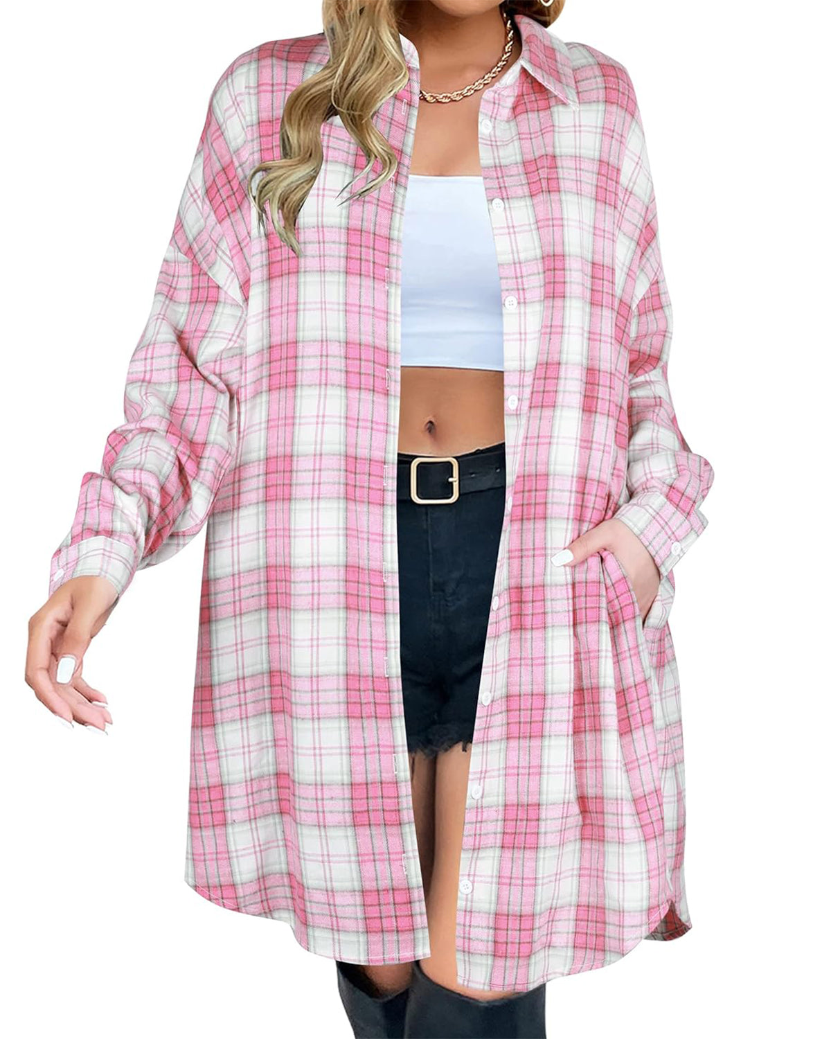 Women's Button Down Flannel Shirts Plaid Shacket Collared Long Jacket Coats