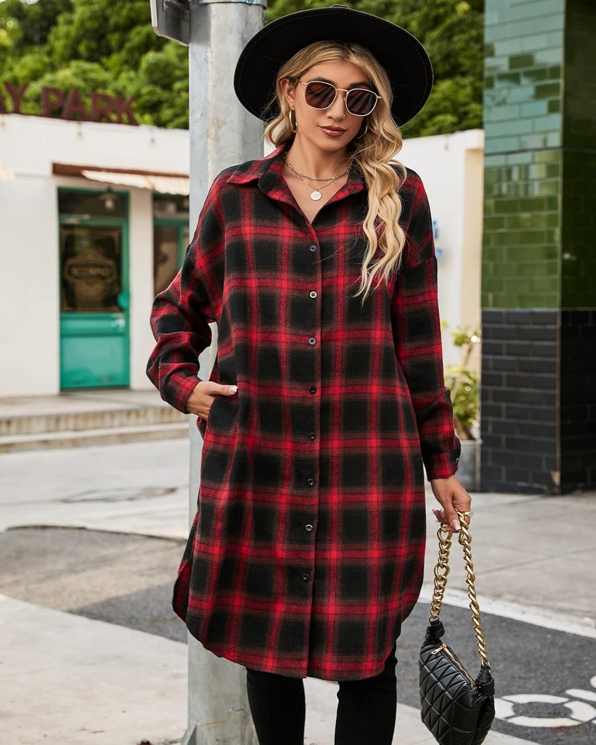 Women's Button Down Flannel Shirts Plaid Shacket Collared Long Jacket Coats