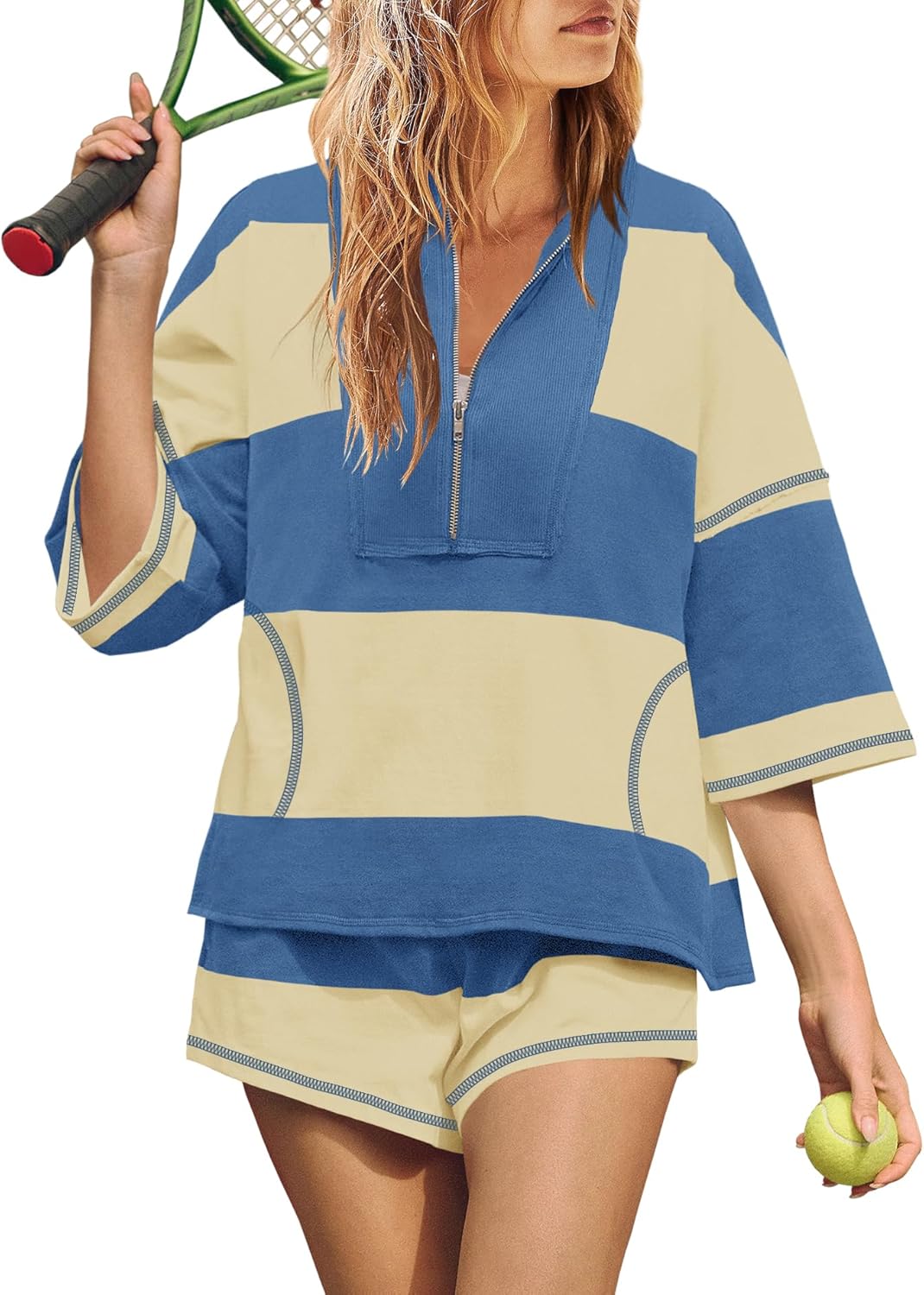 Limited time sale🔥Women's Quarter Zip Color Block Top & Shorts Matching Set