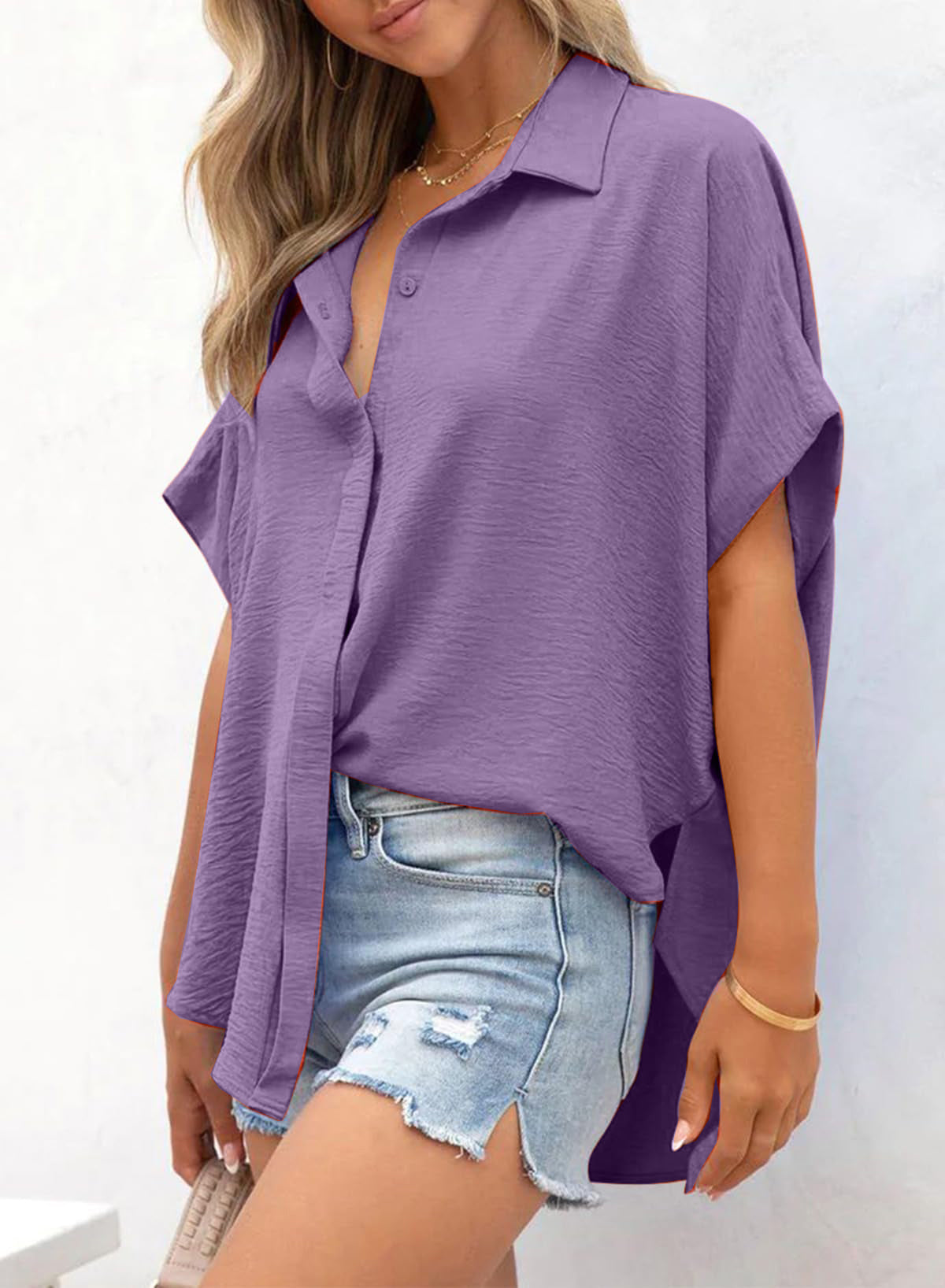 Limited time sale🔥Women's Casual Button Short Sleeve Slit Hem Shirt Solid Color Tops