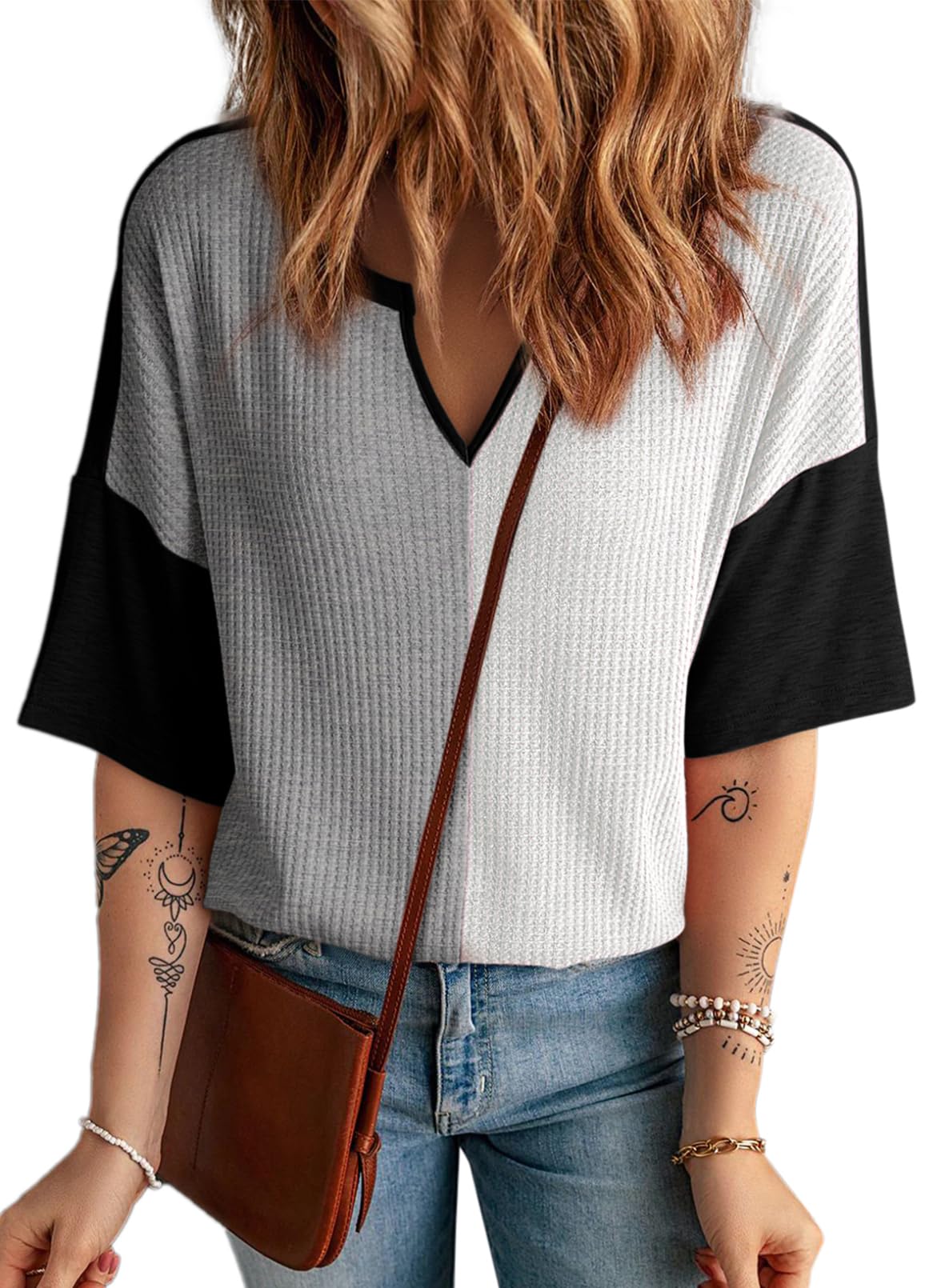 Limited time sale🔥Women's Half Sleeve Waffle Knit Casual V Neck Colorblock Patchwork Shirts