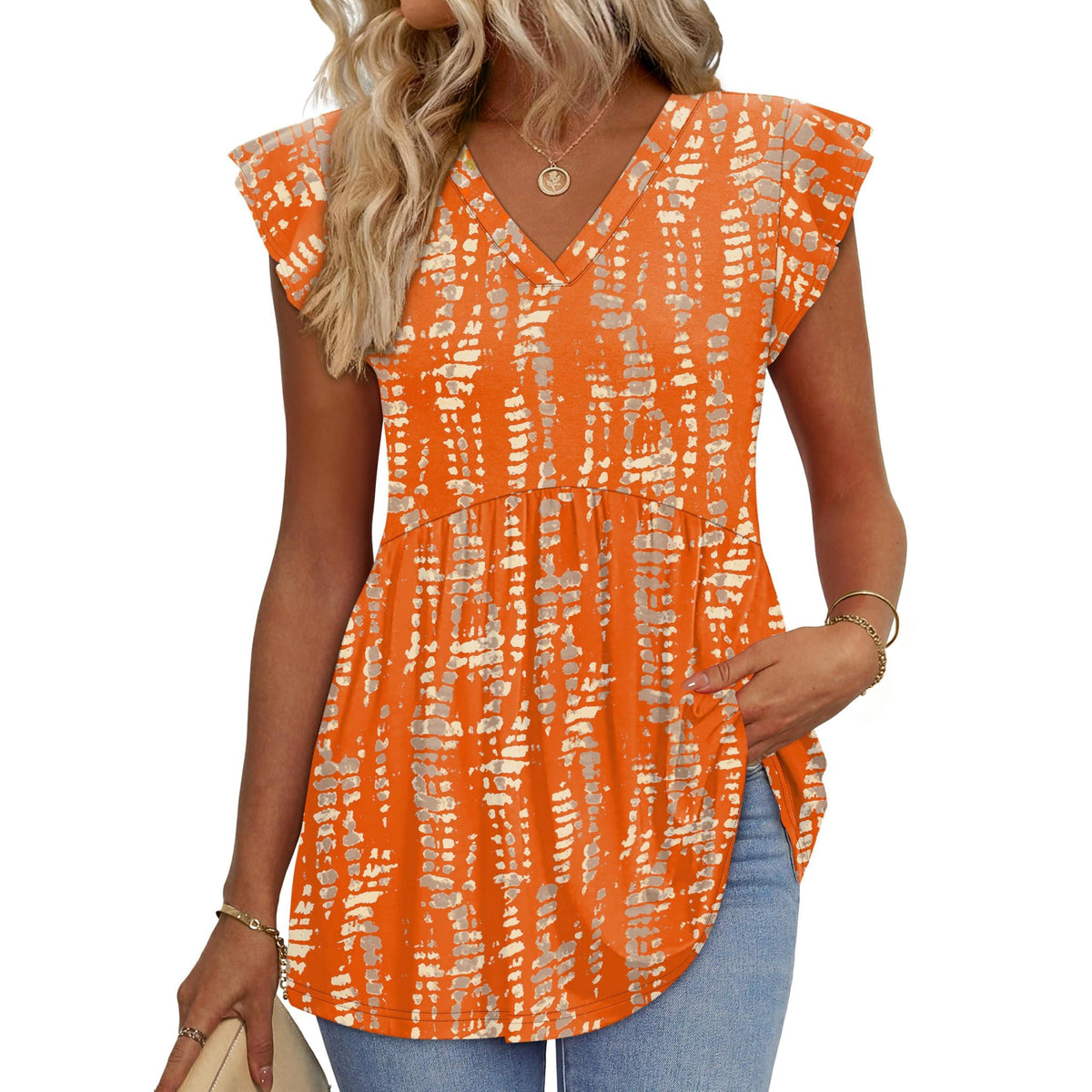 Women's Floral V-Neck Ruffle Sleeve Babydoll Blouse