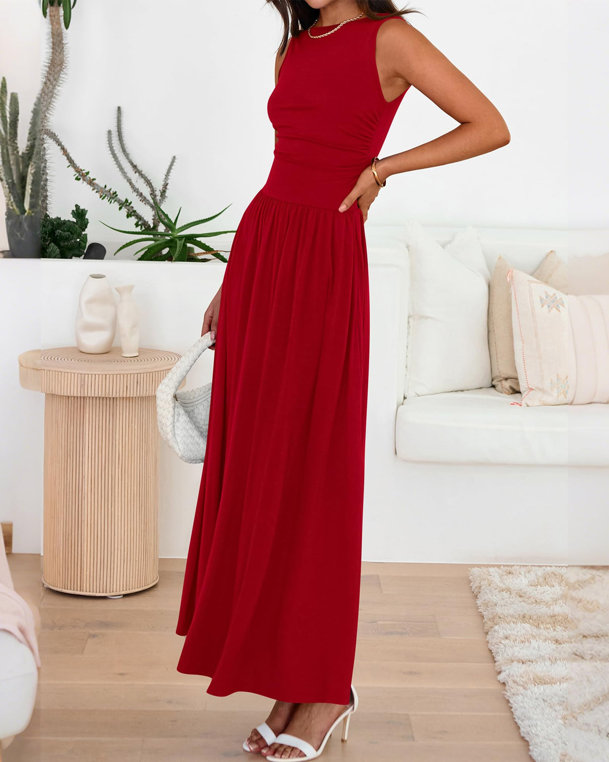 Limited time sale🔥Women's Solid Color Sleeveless Waist Pleated Design Dress with Pockets