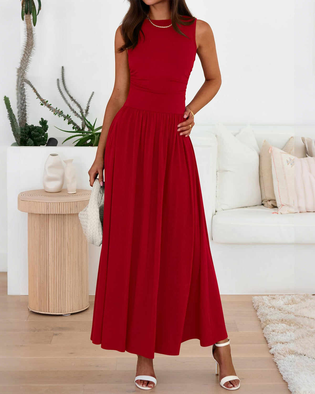 Women's Solid Color Sleeveless Waist Pleated Design Dress with Pockets