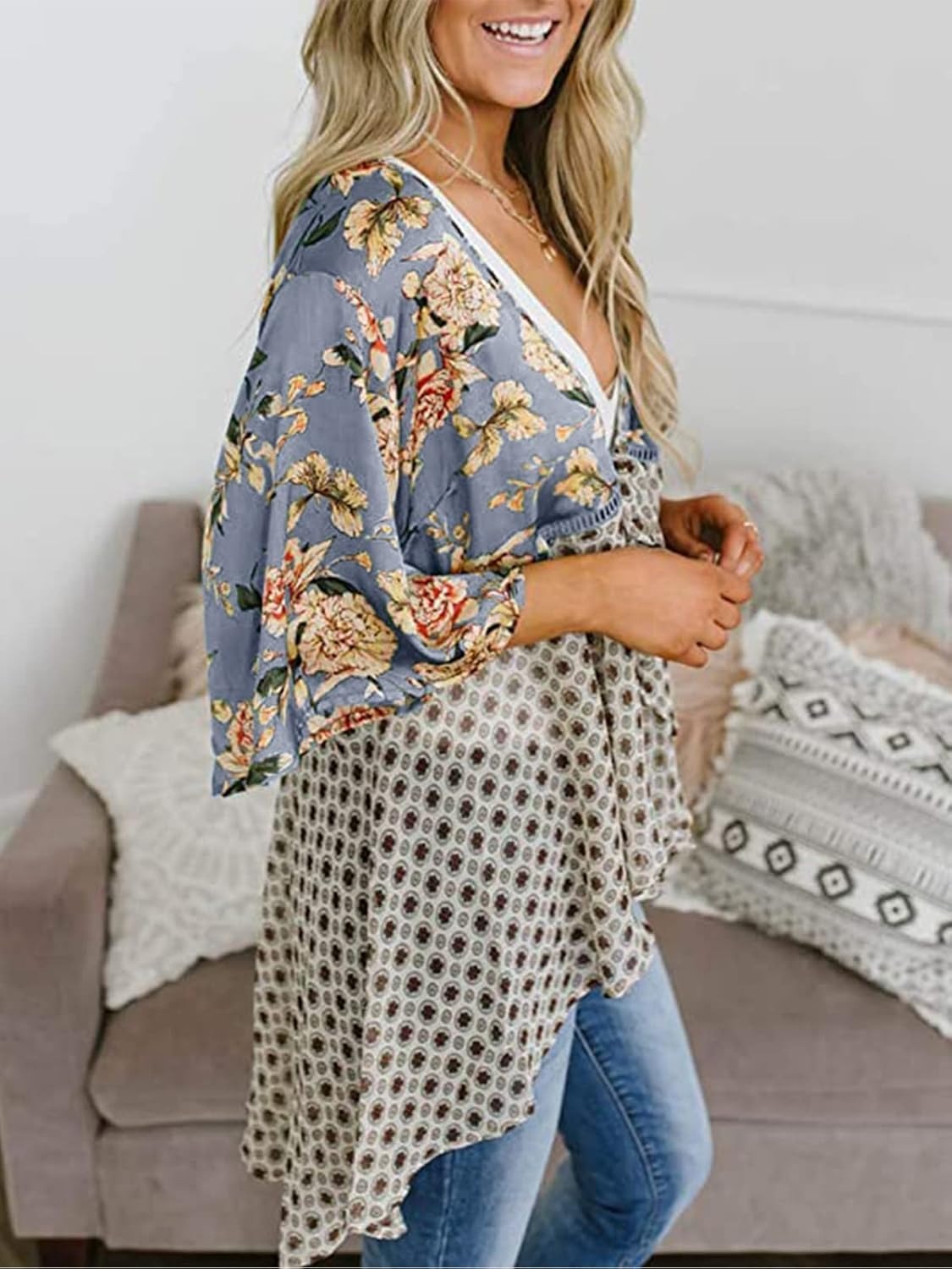 Women's Floral Kimono Ruffle Sleeve Tie Cardigans Flowy Boho Loose Cover Ups