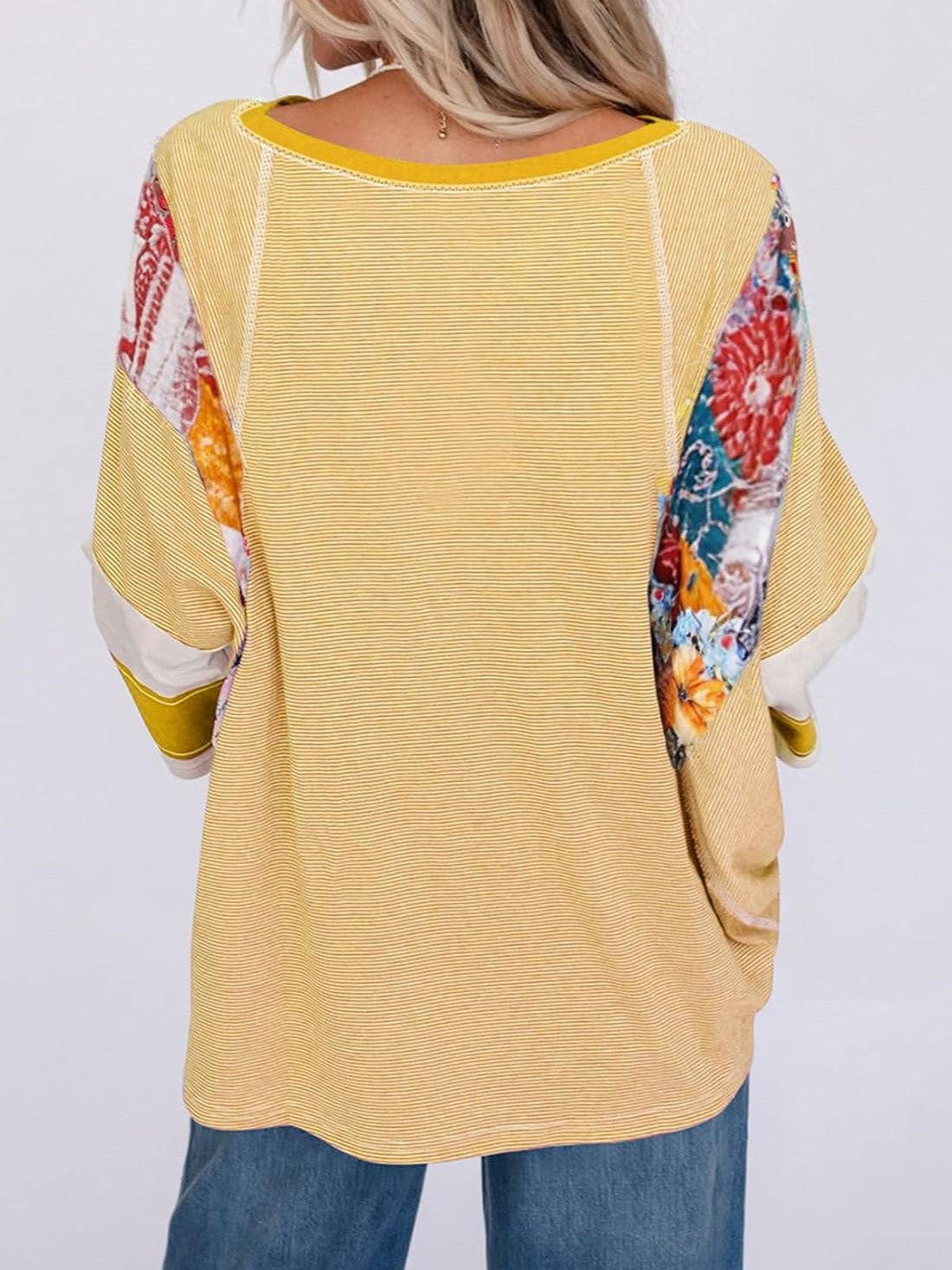 ✨Women's Casual Striped Floral Print Patchwork Oversized 3/4 Sleeve Top