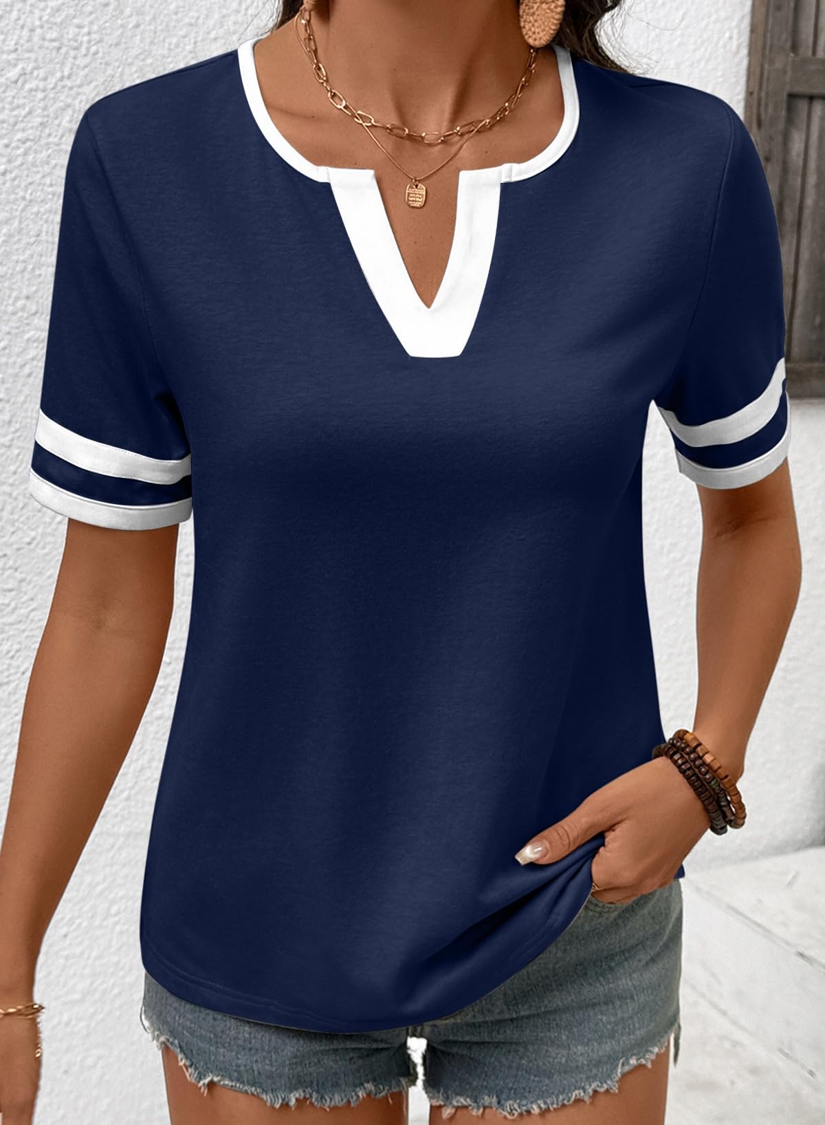 2026 Spring/Summer Women's Casual Colorblock V-Neck T-Shirt