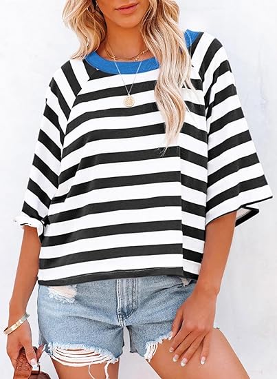 Limited time sale🔥Women's Cute Round Neck Striped Short Sleeve Casual Top