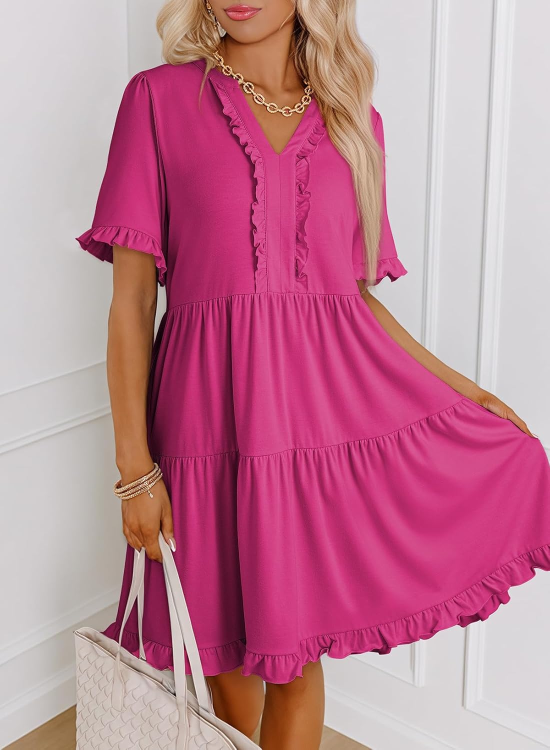 Limited time sale🔥Womens V Neck Casual A Line Flowy Swing Shift Dress