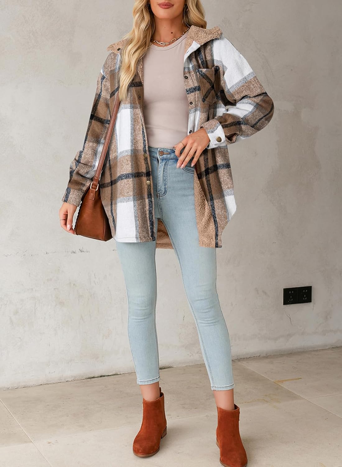 Women's Flannel Hooded Plaid Shacket Thick Coat Fuzzy Fleece Jacket