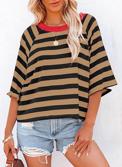Limited time sale🔥Women's Cute Round Neck Striped Short Sleeve Casual Top