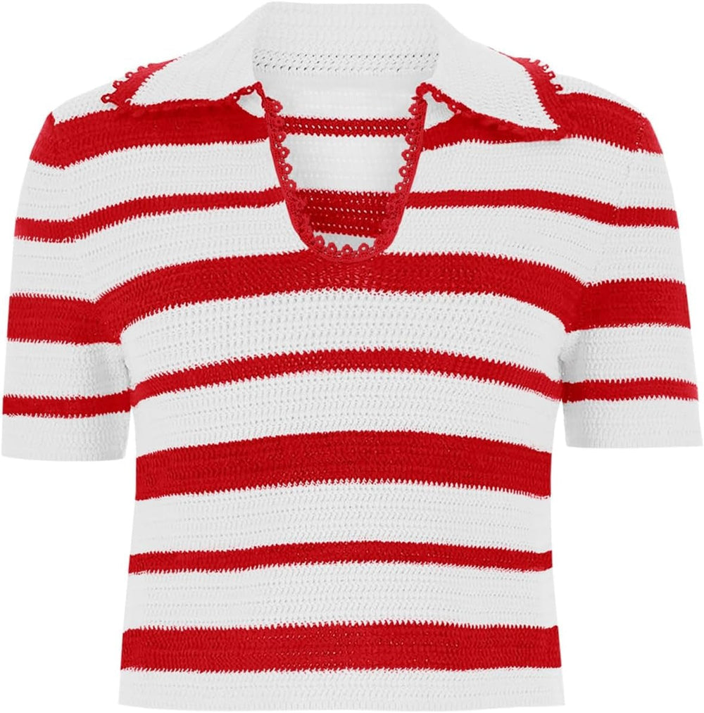 Women's Summer V Neck Collared Striped Short Sleeve Sweater Top